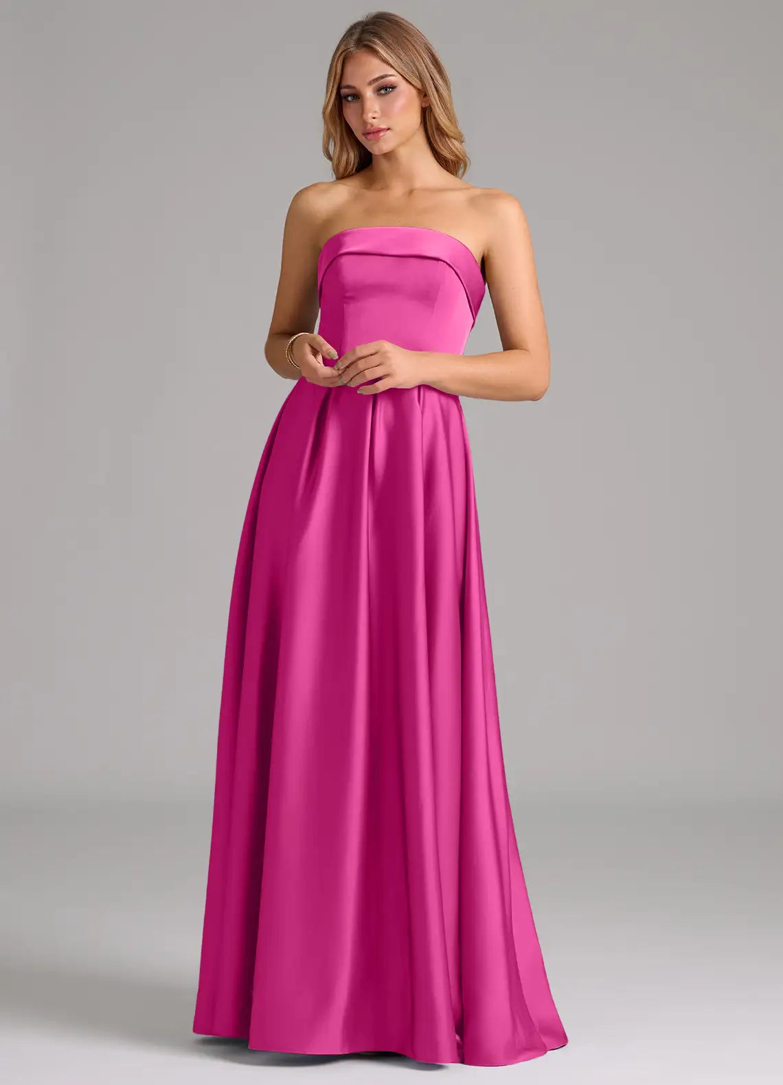 Timeless Strapless Banded Neck Pleated Skirt Floor-Length Satin Bridesmaid Dresses