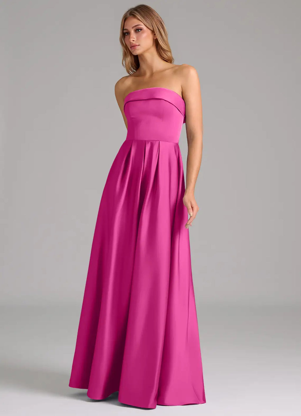 Timeless Strapless Banded Neck Pleated Skirt Floor-Length Satin Bridesmaid Dresses