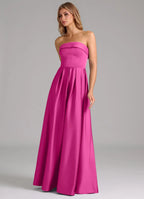 Timeless Strapless Banded Neck Pleated Skirt Floor-Length Satin Bridesmaid Dresses