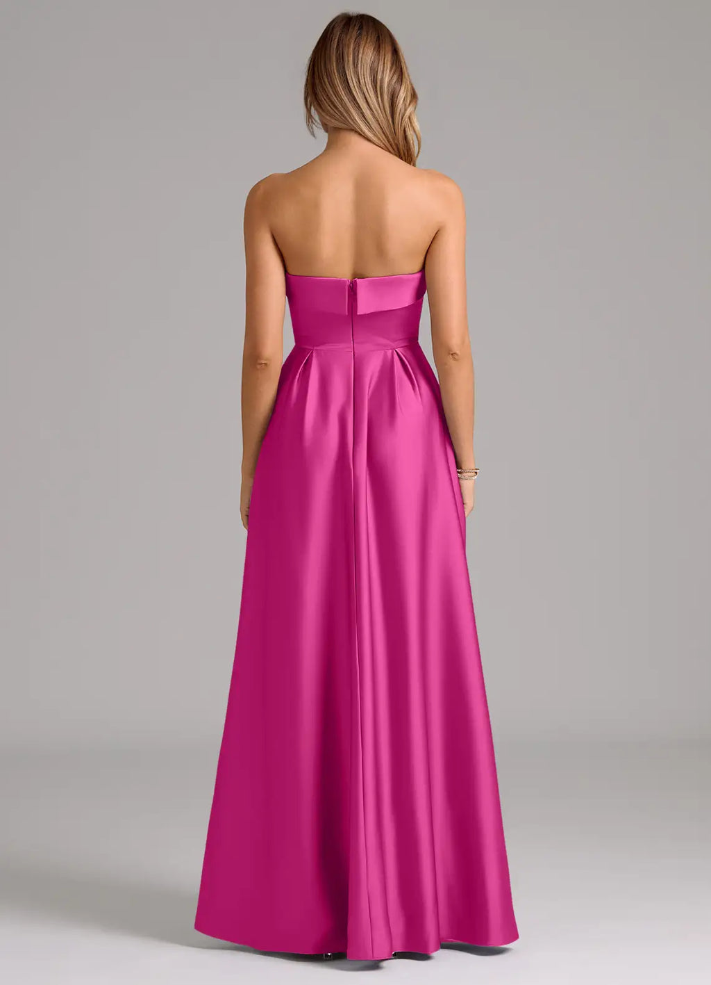 Timeless Strapless Banded Neck Pleated Skirt Floor-Length Satin Bridesmaid Dresses