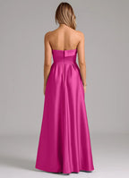 Timeless Strapless Banded Neck Pleated Skirt Floor-Length Satin Bridesmaid Dresses