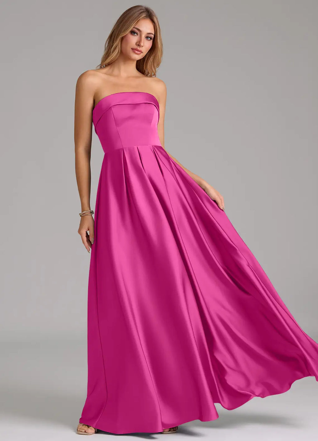 Timeless Strapless Banded Neck Pleated Skirt Floor-Length Satin Bridesmaid Dresses