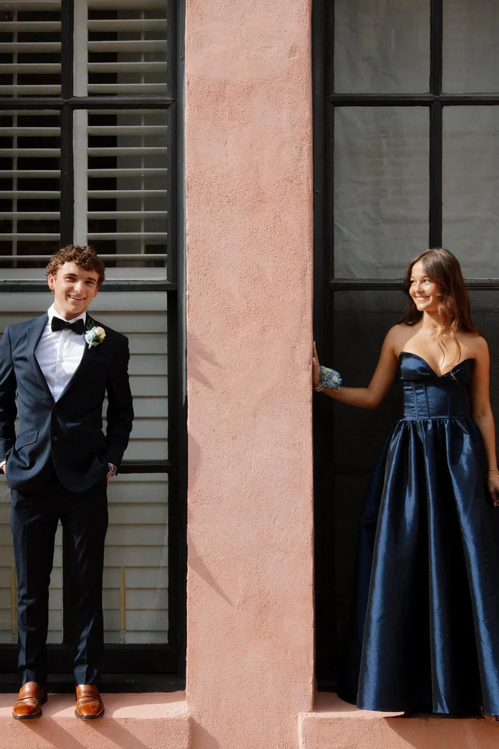 Navy Blue Strapless Corset Lace-Up Floor-Length Ball Gown