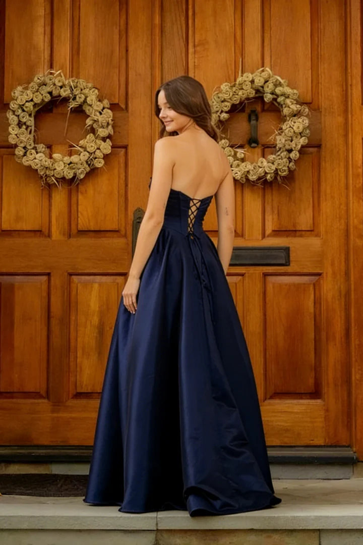 Navy Blue Strapless Corset Lace-Up Floor-Length Ball Gown