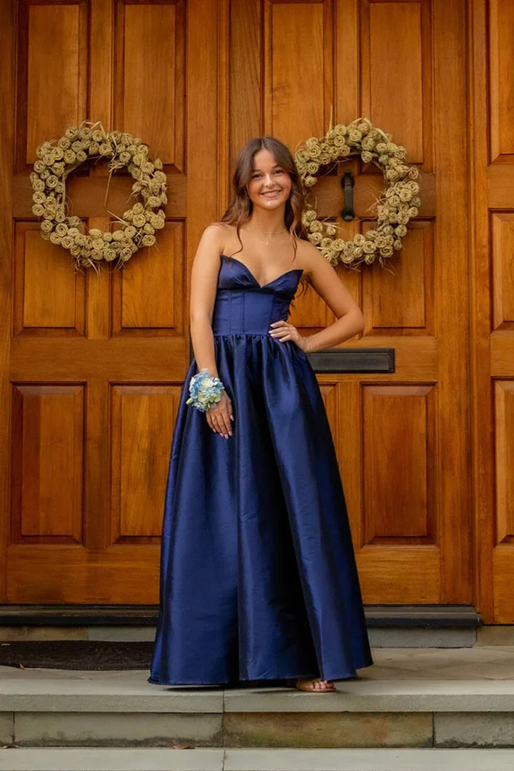 Navy Blue Strapless Corset Lace-Up Floor-Length Ball Gown