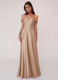 Timeless Taupe Satin Bridesmaid Dresses with Off-the-Shoulder Neck, Puffed Sleeves, Pockets and A-Line Silhouette