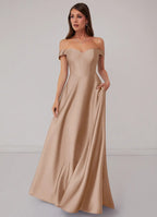Timeless Taupe Satin Bridesmaid Dresses with Off-the-Shoulder Neck, Puffed Sleeves, Pockets and A-Line Silhouette
