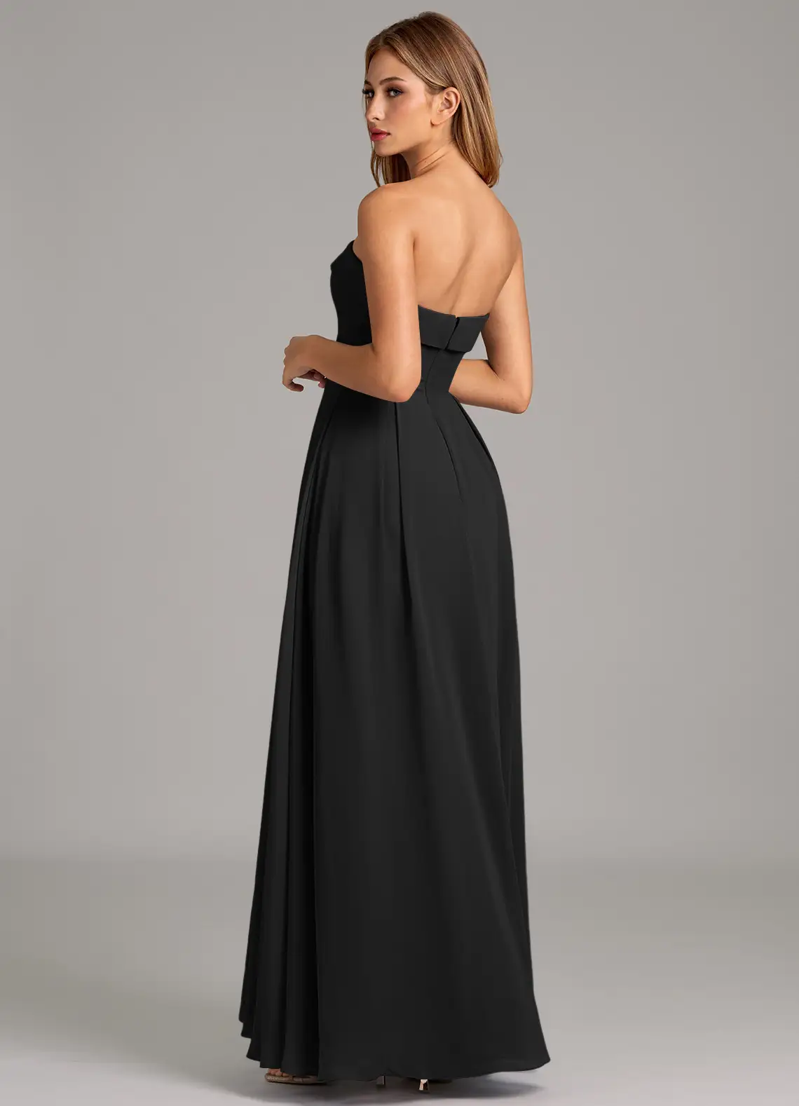 Timeless chiffon strapless sweetheart neck floor length bridesmaid dress with pleated skirt and open back