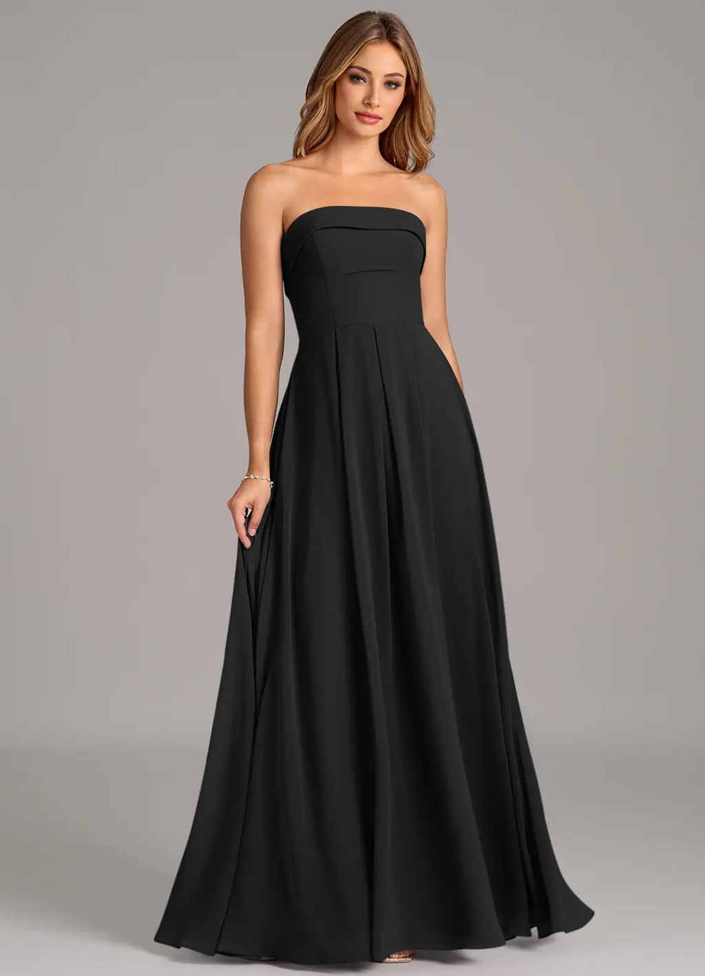 Timeless chiffon strapless sweetheart neck floor length bridesmaid dress with pleated skirt and open back