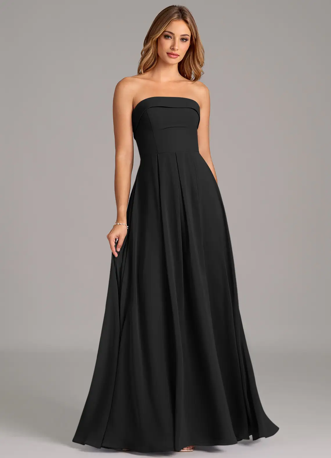 Timeless chiffon strapless sweetheart neck floor length bridesmaid dress with pleated skirt and open back