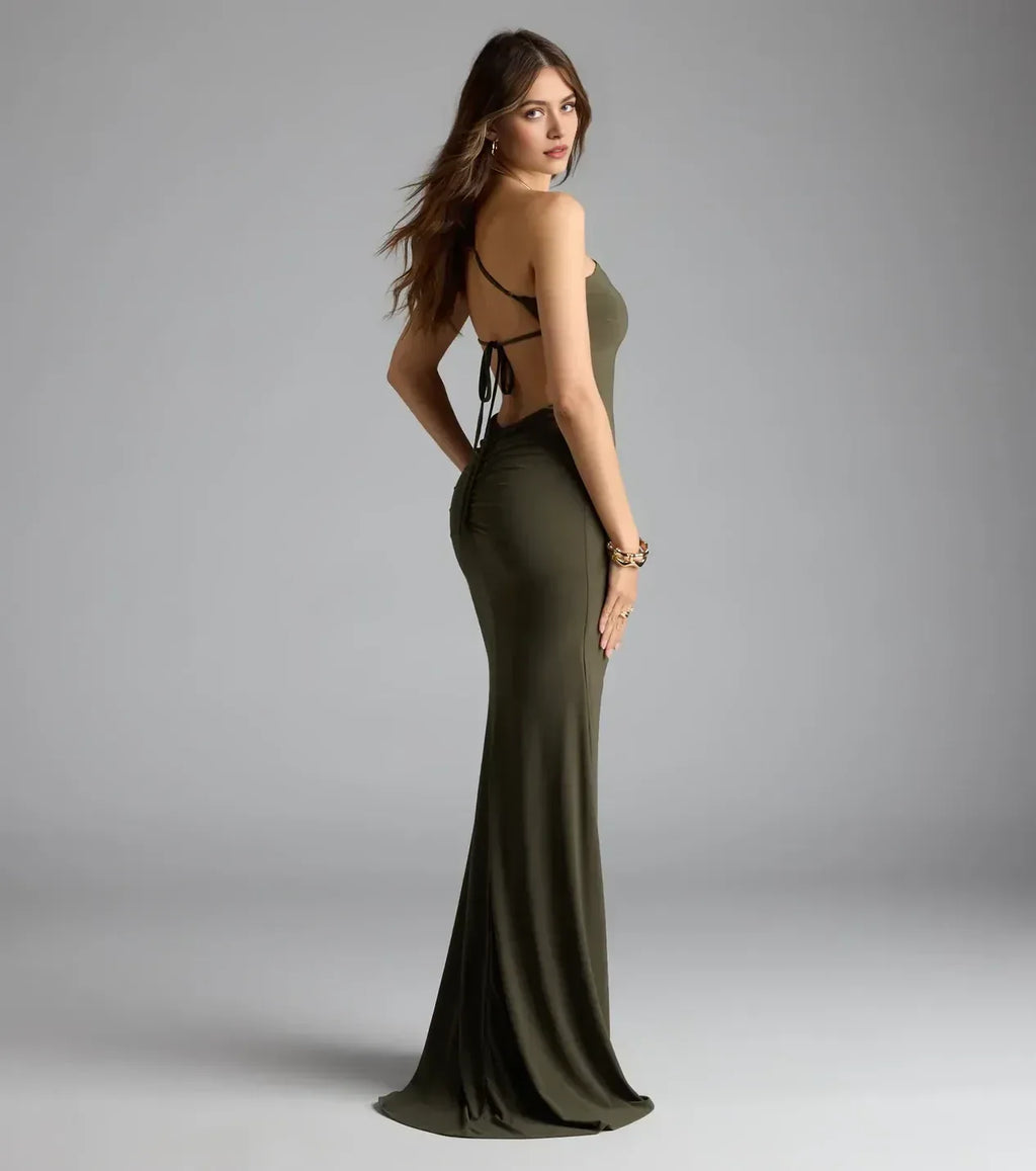 Trendy Mermaid One Shoulder Sleeveless Lace Up Back Floor Length Prom Dress