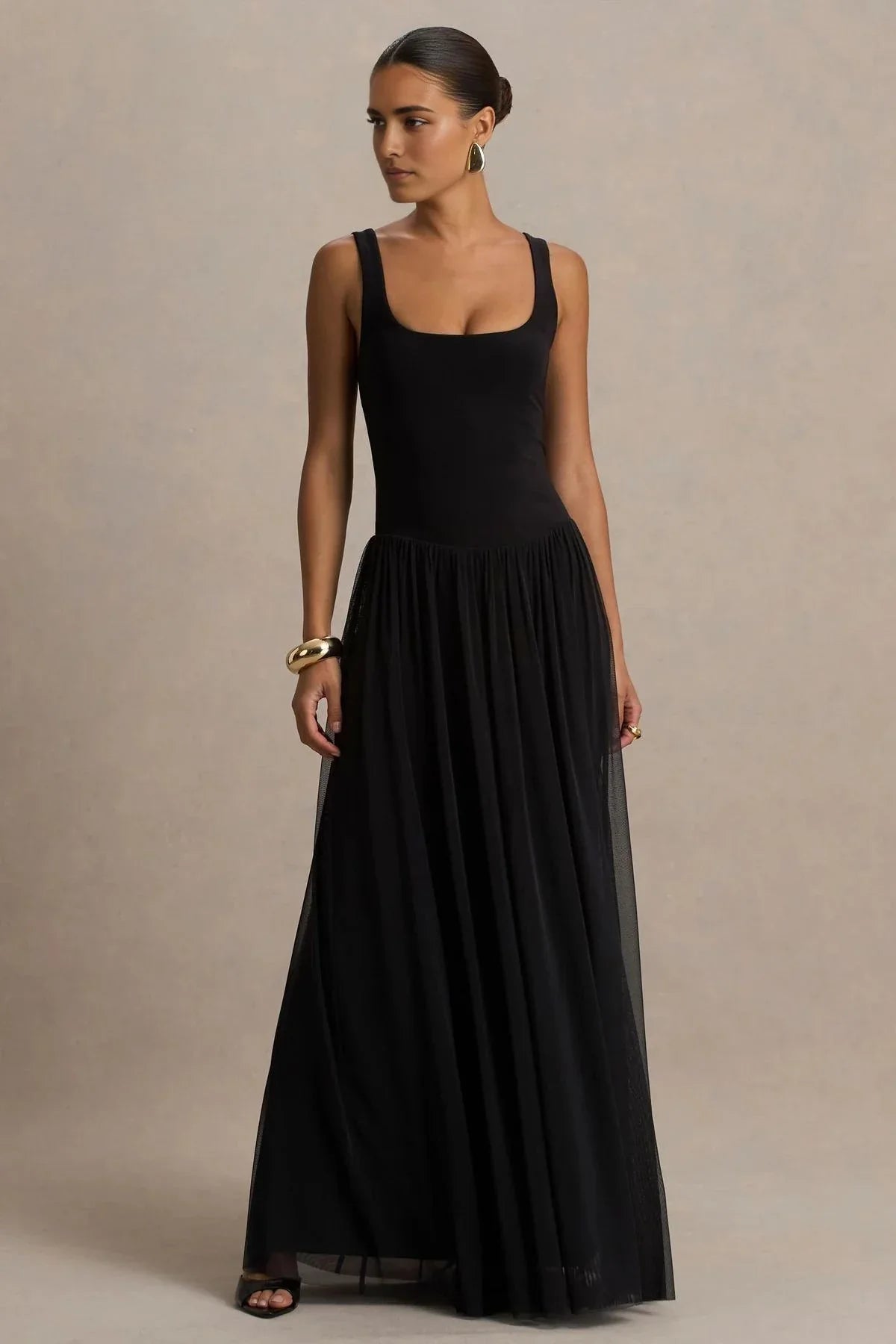 Trendy Mermaid Square Neck Sleeveless Sheer Skirt Floor Length Evening Dress