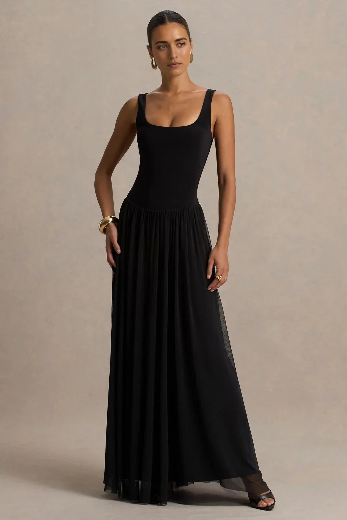 Trendy Mermaid Square Neck Sleeveless Sheer Skirt Floor Length Evening Dress