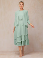 2 Pieces High-neck Long Sleeve Tea-Length Mother of the Bride Dress