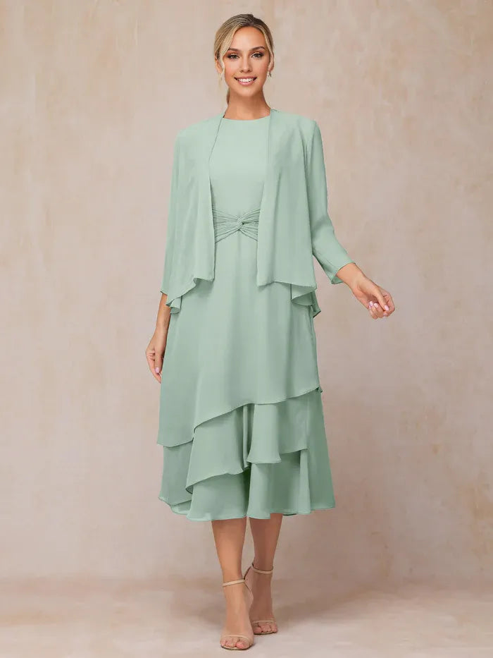 2 Pieces High-neck Long Sleeve Tea-Length Mother of the Bride Dress