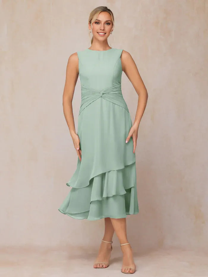 2 Pieces High-neck Long Sleeve Tea-Length Mother of the Bride Dress