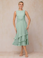 2 Pieces High-neck Long Sleeve Tea-Length Mother of the Bride Dress