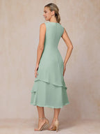 2 Pieces High-neck Long Sleeve Tea-Length Mother of the Bride Dress