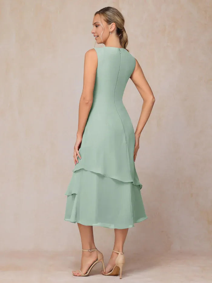 2 Pieces High-neck Long Sleeve Tea-Length Mother of the Bride Dress