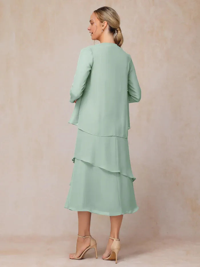 2 Pieces High-neck Long Sleeve Tea-Length Mother of the Bride Dress