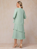 2 Pieces High-neck Long Sleeve Tea-Length Mother of the Bride Dress