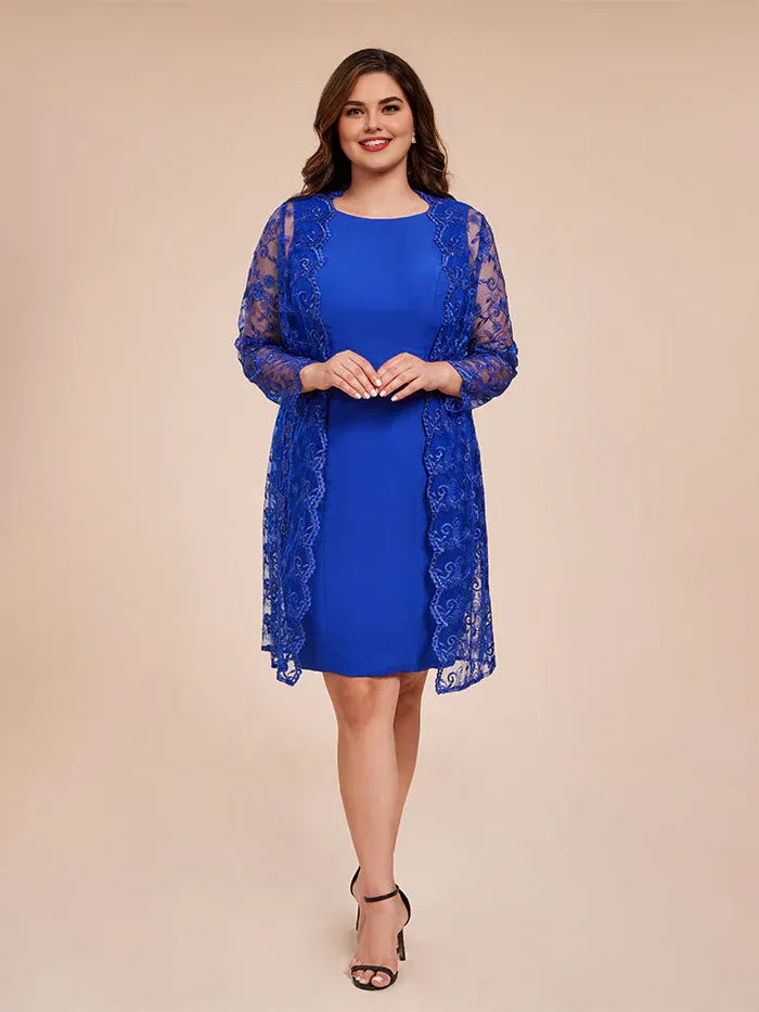 2 Pieces Scoop-Neck Long Sleeves Knee Length Plus Size Mother of the Bride Dress