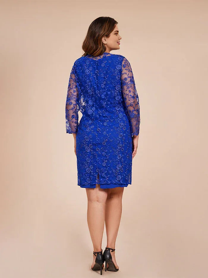 2 Pieces Scoop-Neck Long Sleeves Knee Length Plus Size Mother of the Bride Dress