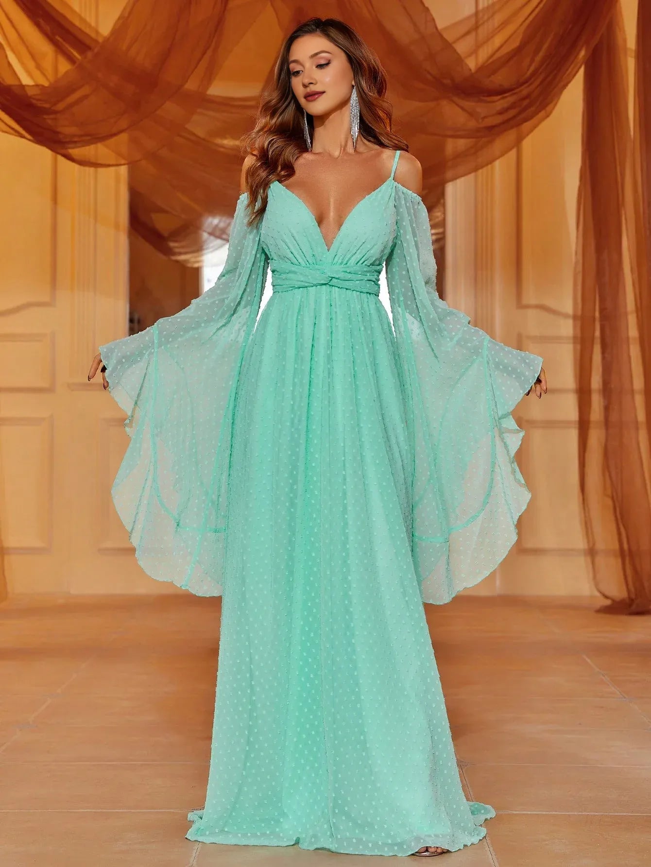A-Line Cold Shoulder Bell Sleeve V Back Floor-Length Prom Dress