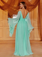 A-Line Cold Shoulder Bell Sleeve V Back Floor-Length Prom Dress