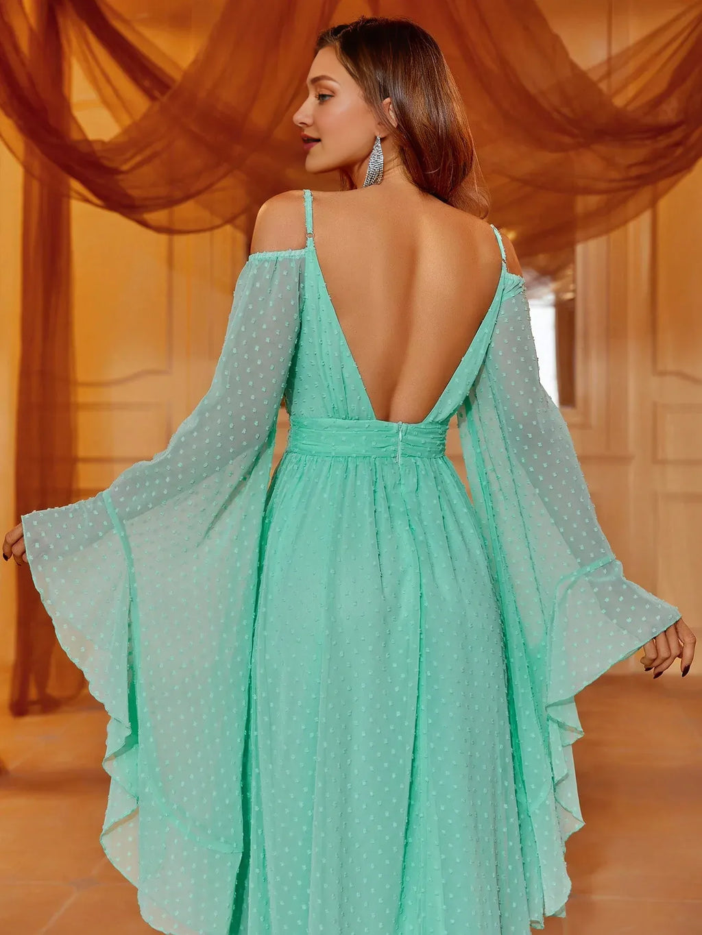 A-Line Cold Shoulder Bell Sleeve V Back Floor-Length Prom Dress