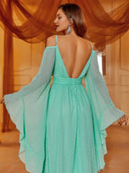 A-Line Cold Shoulder Bell Sleeve V Back Floor-Length Prom Dress