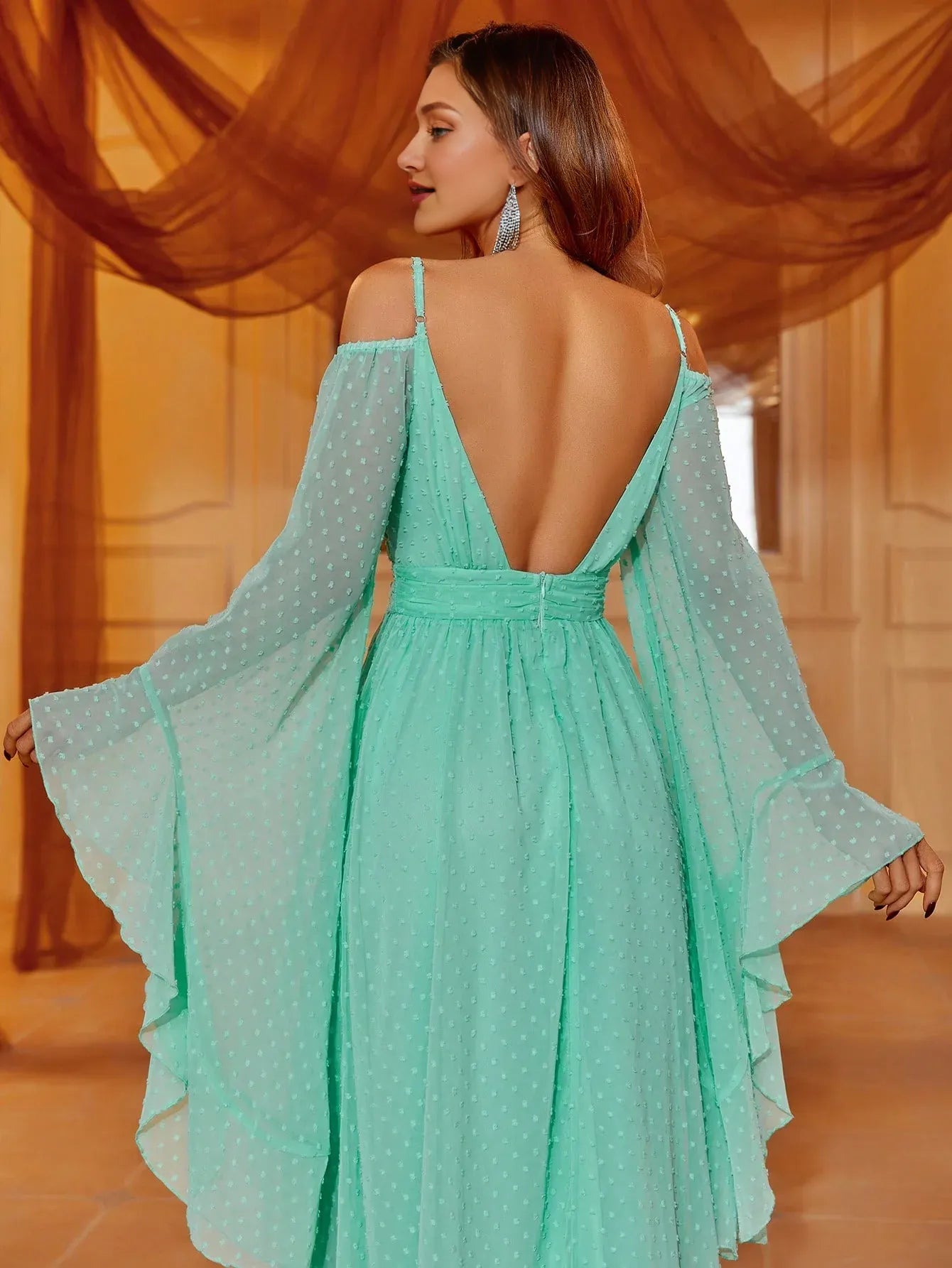A-Line Cold Shoulder Bell Sleeve V Back Floor-Length Prom Dress