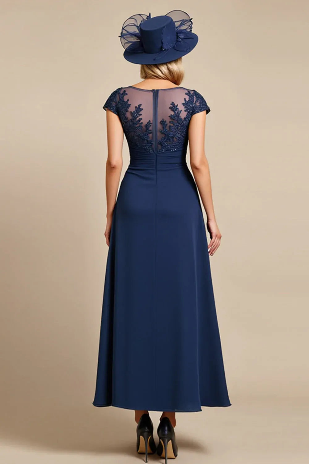 A-Line Jewel Neck Cap Sleeve Appliques Ankle-Length Mother of the Bride Dress