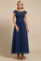A-Line Jewel Neck Cap Sleeve Appliques Ankle-Length Mother of the Bride Dress
