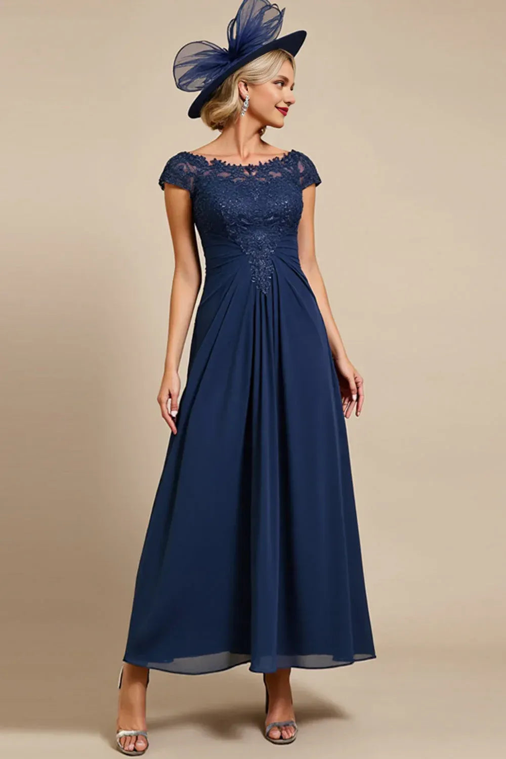 A-Line Jewel Neck Cap Sleeve Appliques Ankle-Length Mother of the Bride Dress