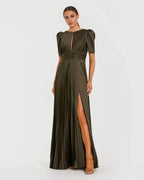 A-Line Round Neck Puff Sleeve Zipper Up Floor-Length Prom Dress