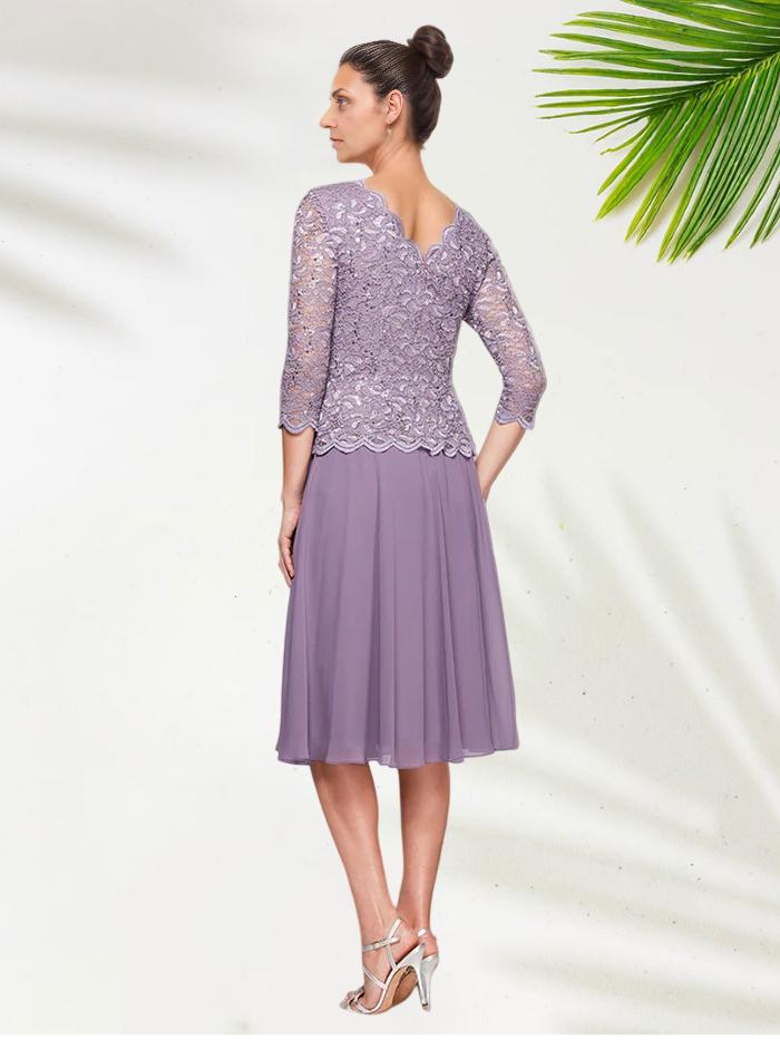 A-Line Scoop-neck 3/4 Length Sleeves Tea-Length Mother of the Bride Dress