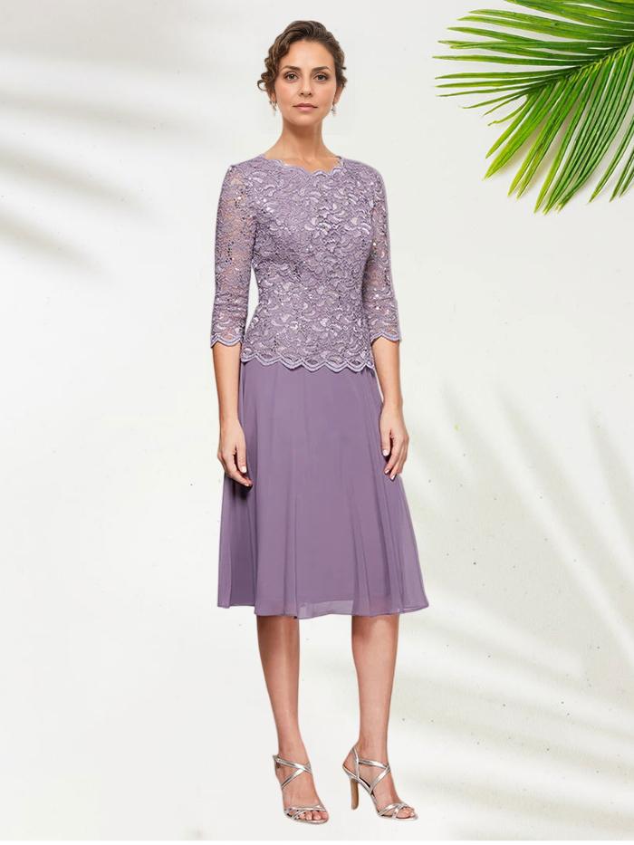 A-Line Scoop-neck 3/4 Length Sleeves Tea-Length Mother of the Bride Dress