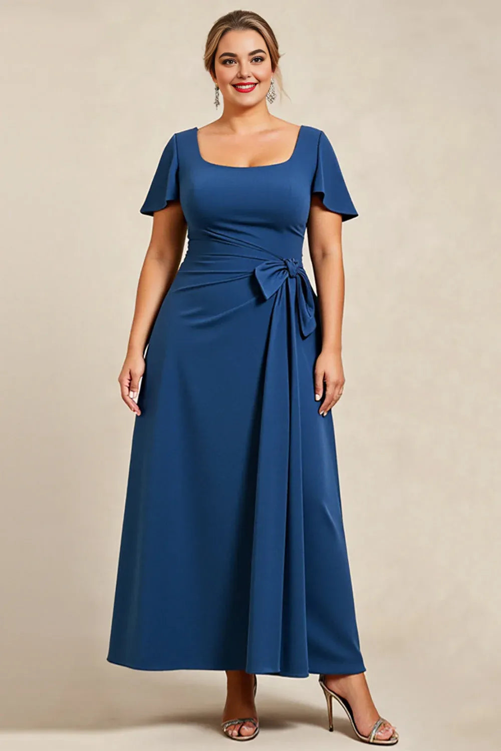 A-Line Square Neck Cap Sleeve Keyhole Floor-Length Plus Size Mother of the Bride Dress
