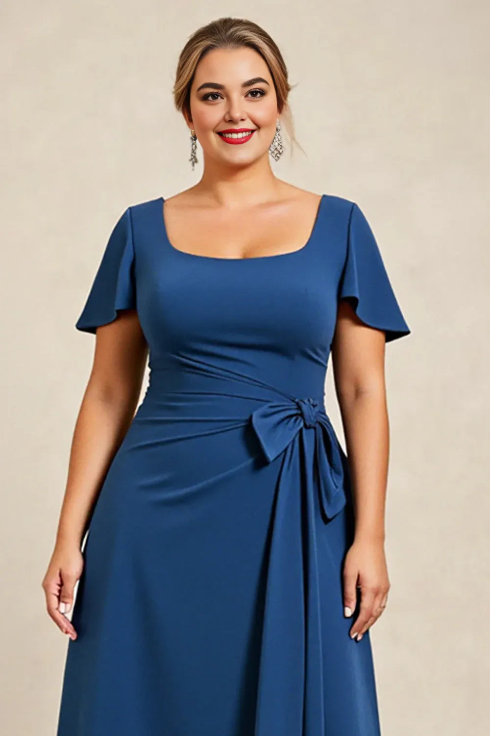 A-Line Square Neck Cap Sleeve Keyhole Floor-Length Plus Size Mother of the Bride Dress