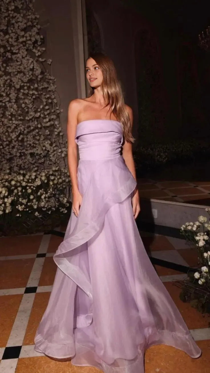 A-Line Strapless Sleeveless Pleated Floor-Length Prom Dress