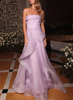 A-Line Strapless Sleeveless Pleated Floor-Length Prom Dress