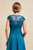 A Line Boat Neck Cap Sleeve Zipper Up Floor-Length Mother of the Bride Dress