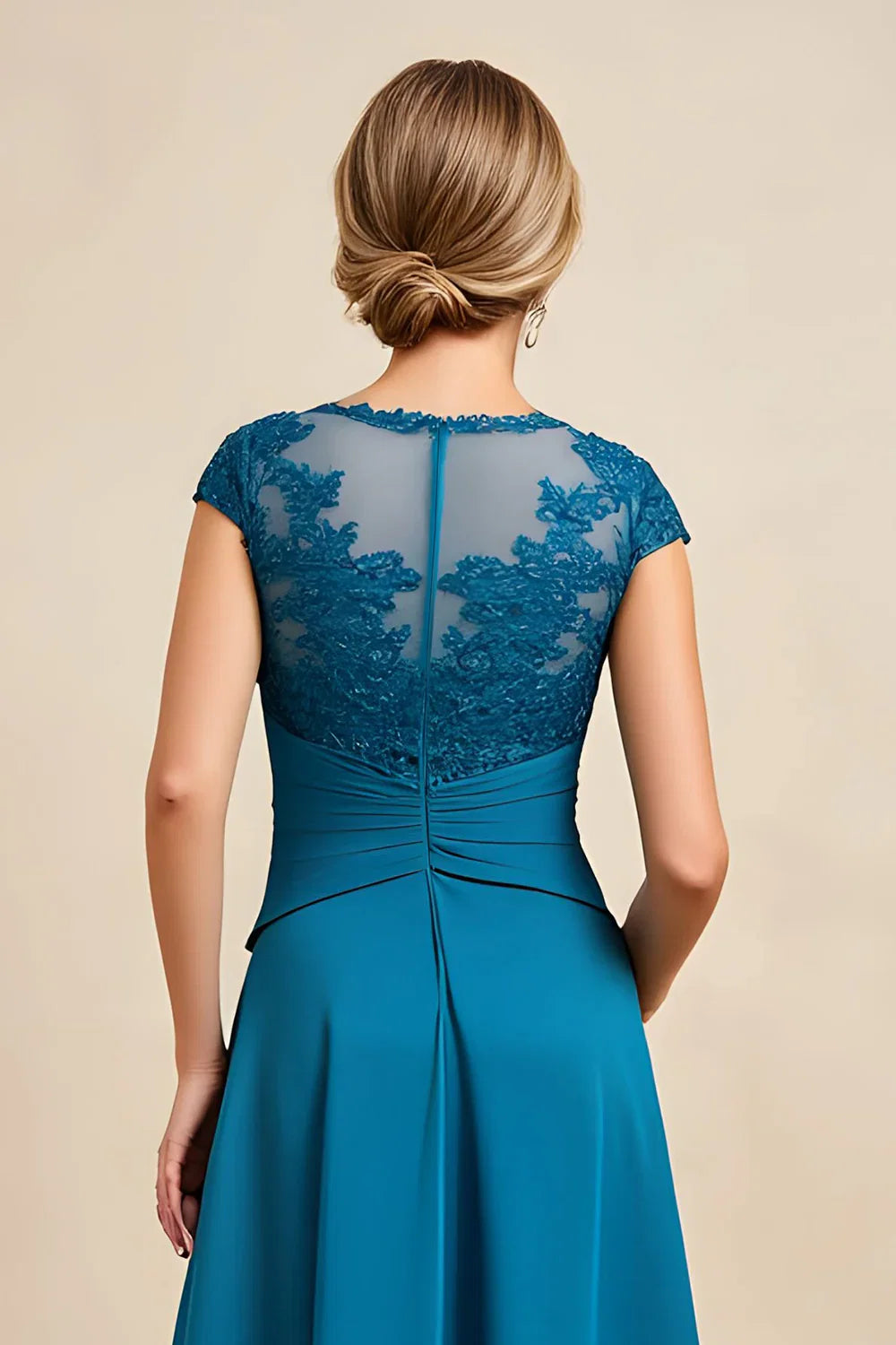 A Line Boat Neck Cap Sleeve Zipper Up Floor-Length Mother of the Bride Dress