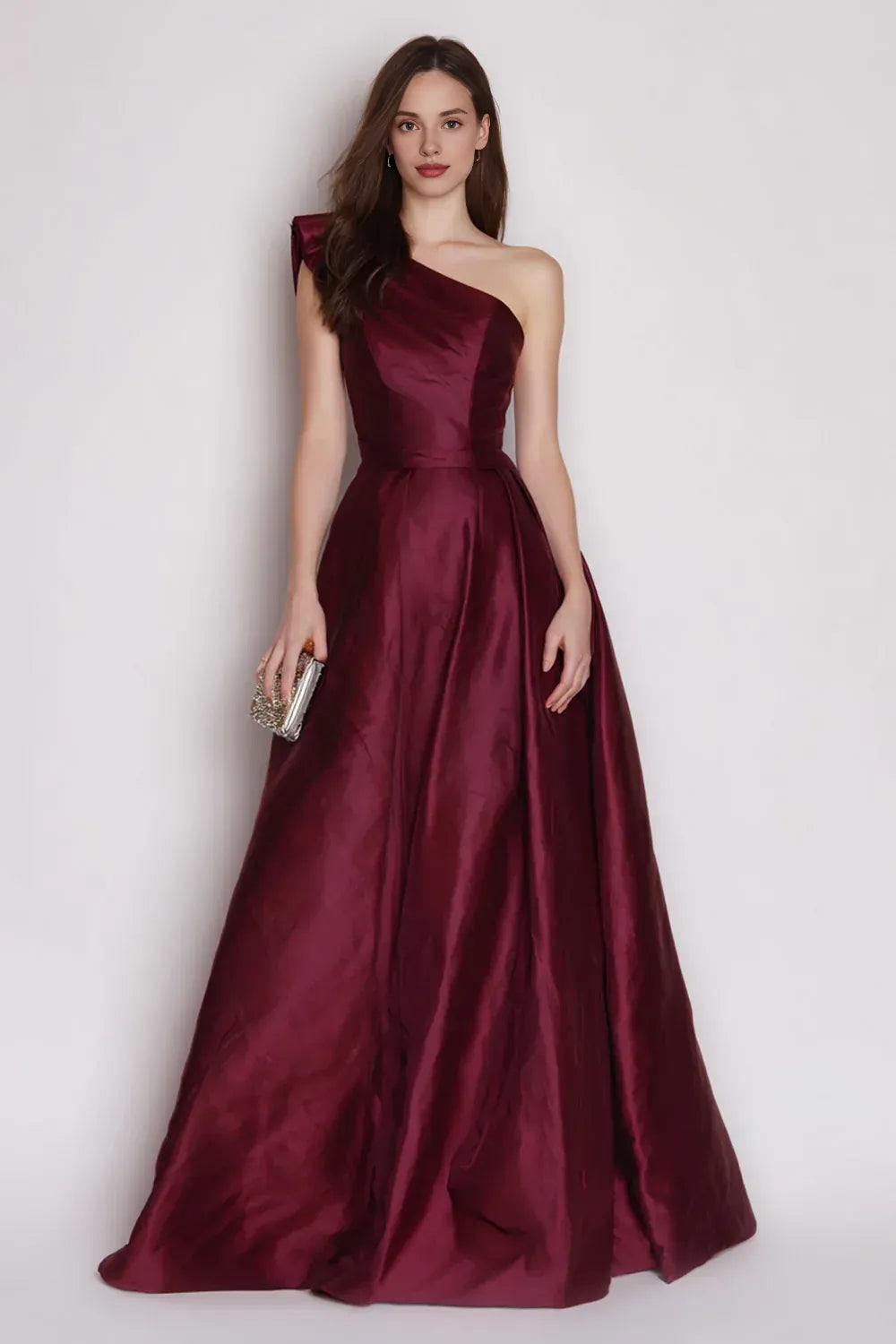 A Line Sleeveless One Shoulder Pleated Ankle-Length Prom Dress