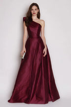 A Line Sleeveless One Shoulder Pleated Ankle-Length Prom Dress