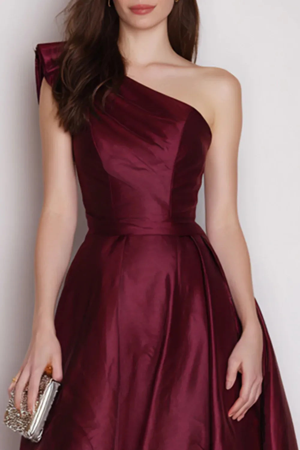 A Line Sleeveless One Shoulder Pleated Ankle-Length Prom Dress
