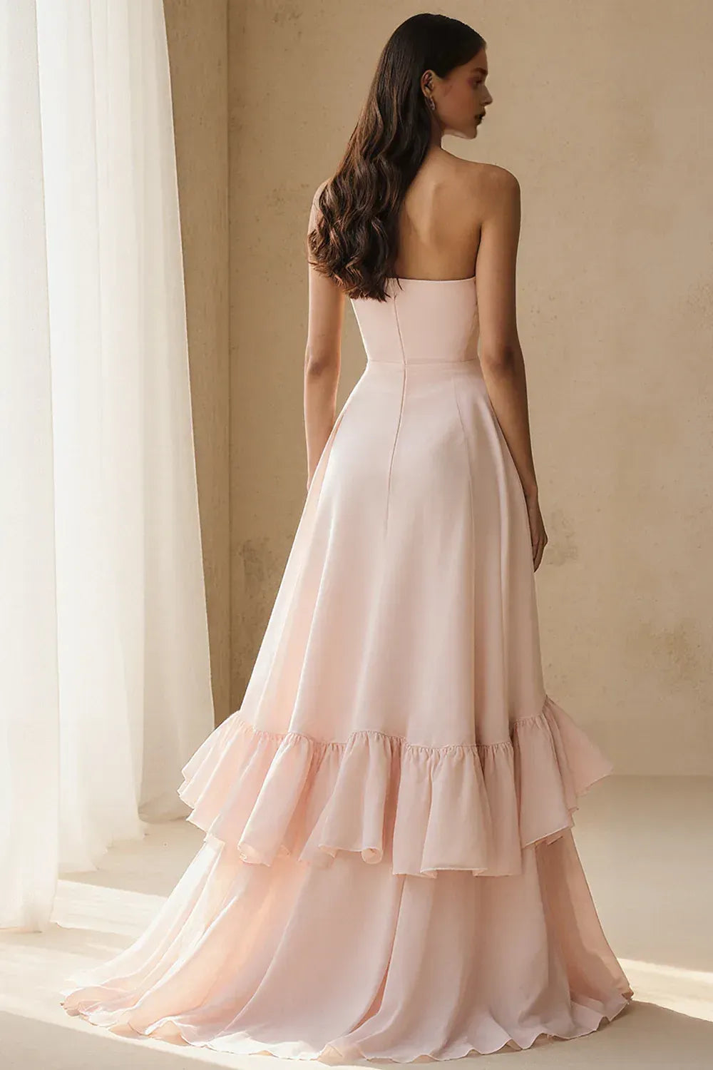 A Line Strapless Sleeveless Backless Ruffles Floor-Length Prom Dress