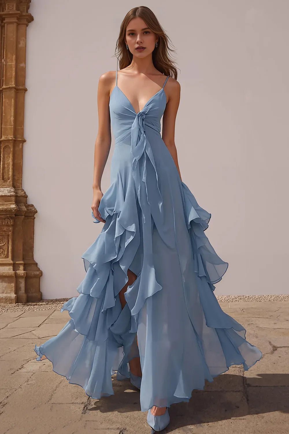 A Line V-Neck Sleeveless Backless Floor-Length Prom Dress