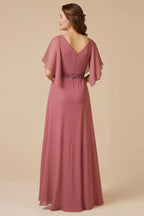 A Line V Neck Flutter Sleeve V Back Floor-Length Mother of the Bride Dress